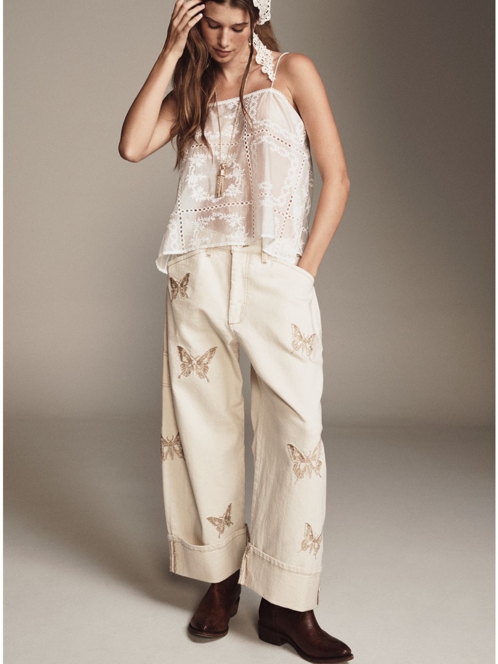 Pilcro Kayden Wide-Leg Butterfly Embroidered Pants